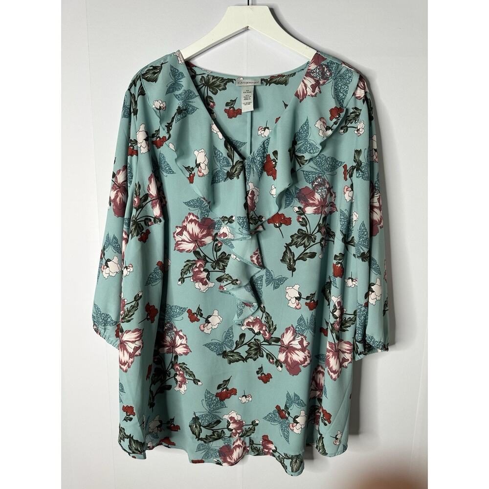 Catherines Womens 2X Blue Floral Butterfly Ruffle Top Romantic Flowy Cottagecore